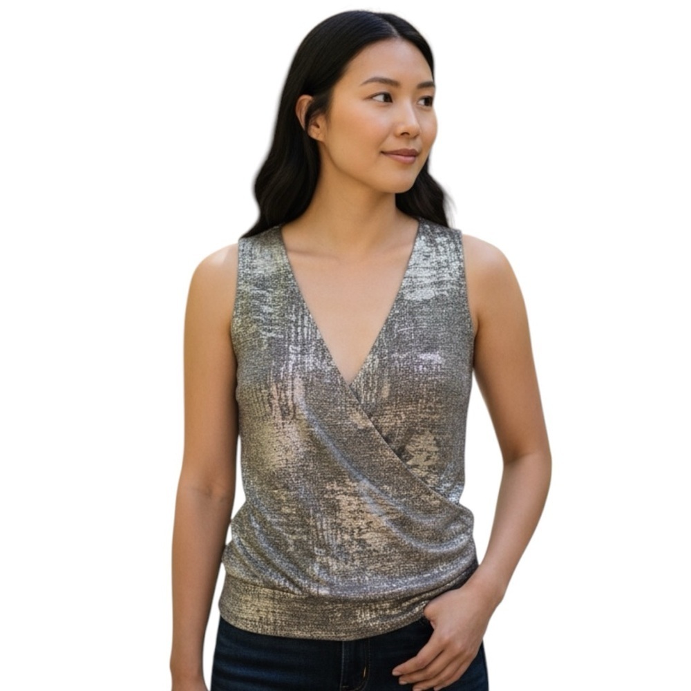Anthropologie Silver/Gold Sleeveless Wrap Blouse NWOT! S